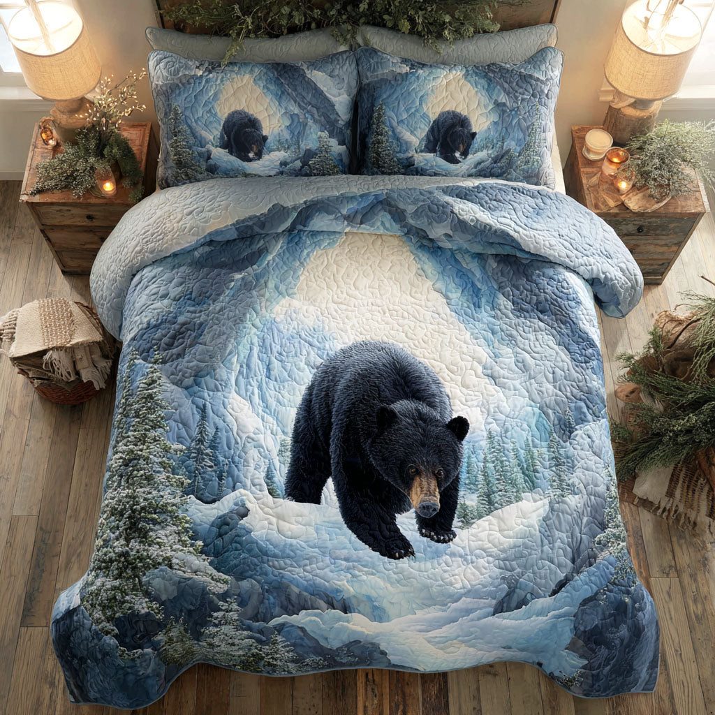 Winter Wanderer quilted 3-piece bedding set on a made bed in a winter-styled bedroom