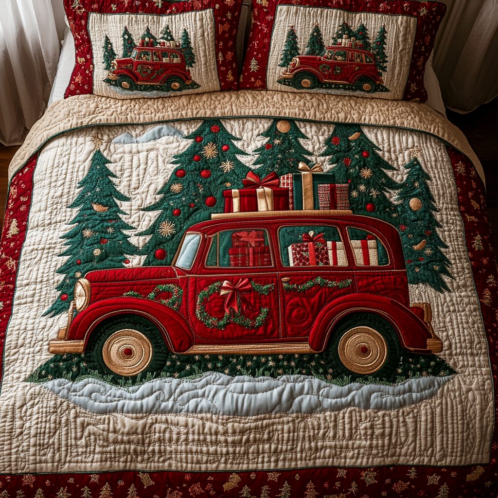 Winter Wanderer quilted 3-piece bedding set on a made bed in a winter-styled bedroom