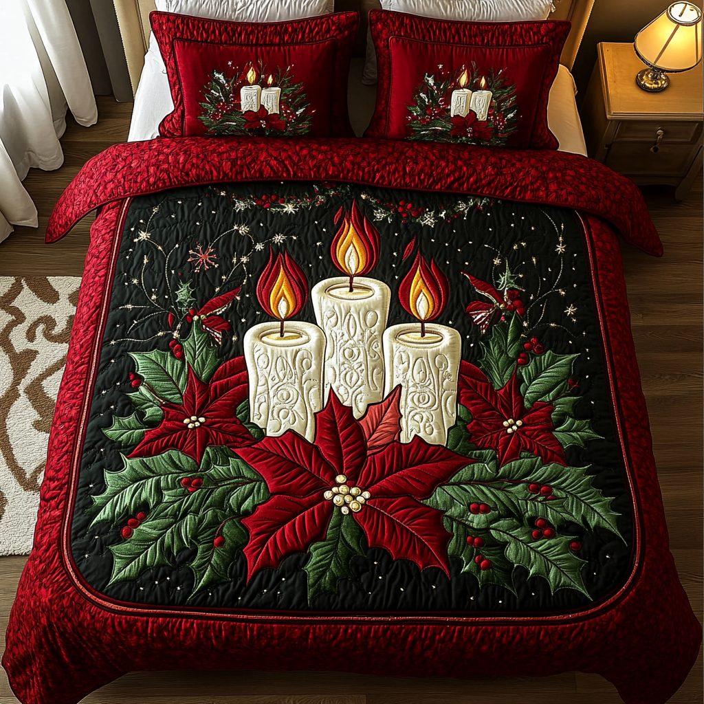 Winter Warmth quilted 3-piece bedding set on a made bed in a winter-styled bedroom
