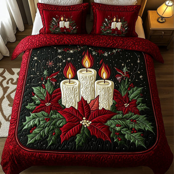 Winter Warmth quilted 3-piece bedding set on a made bed in a winter-styled bedroom