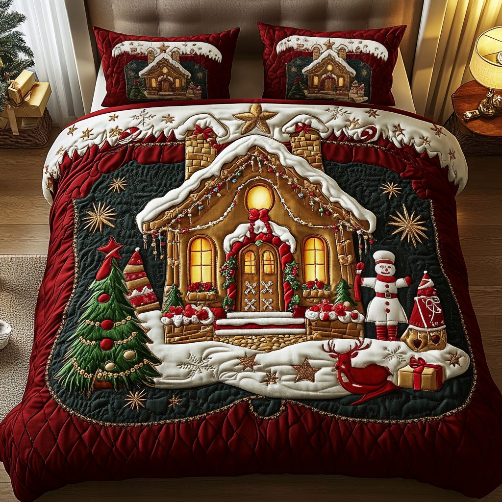 Winter Warmth quilted 3-piece bedding set on a made bed in a winter-styled bedroom