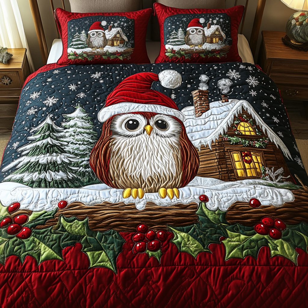 Winter Watch quilted 3-piece bedding set on a made bed in a winter-styled bedroom