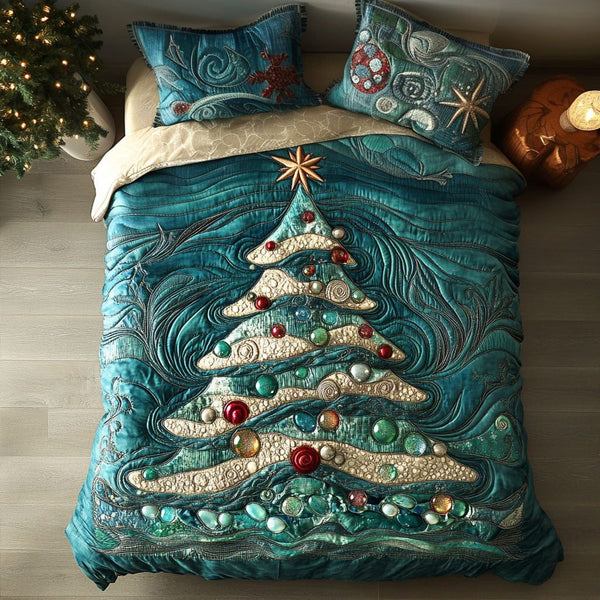 Winter Waves quilted 3-piece bedding set on a made bed in a winter-styled bedroom
