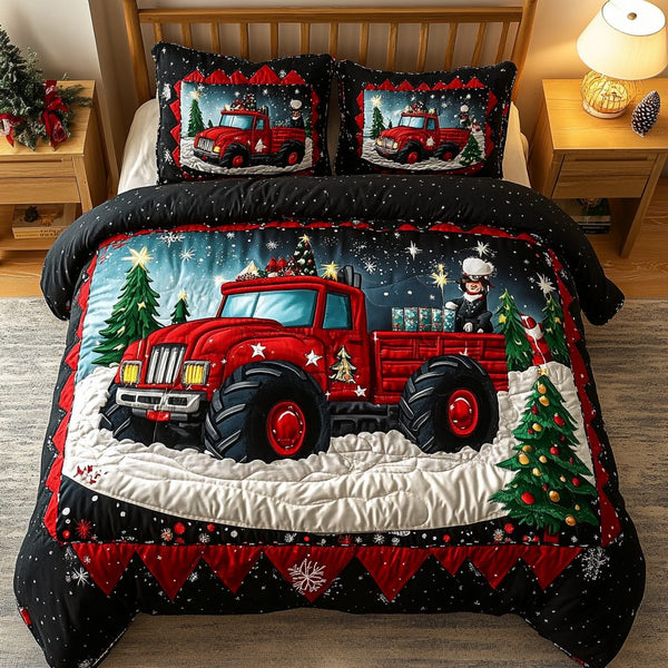 Winter Wheels quilted 3-piece bedding set on a made bed in a winter-styled bedroom