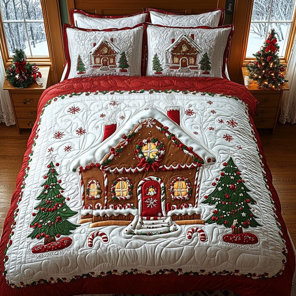 Winter Whimsy quilted 3-piece bedding set on a made bed in a winter-styled bedroom