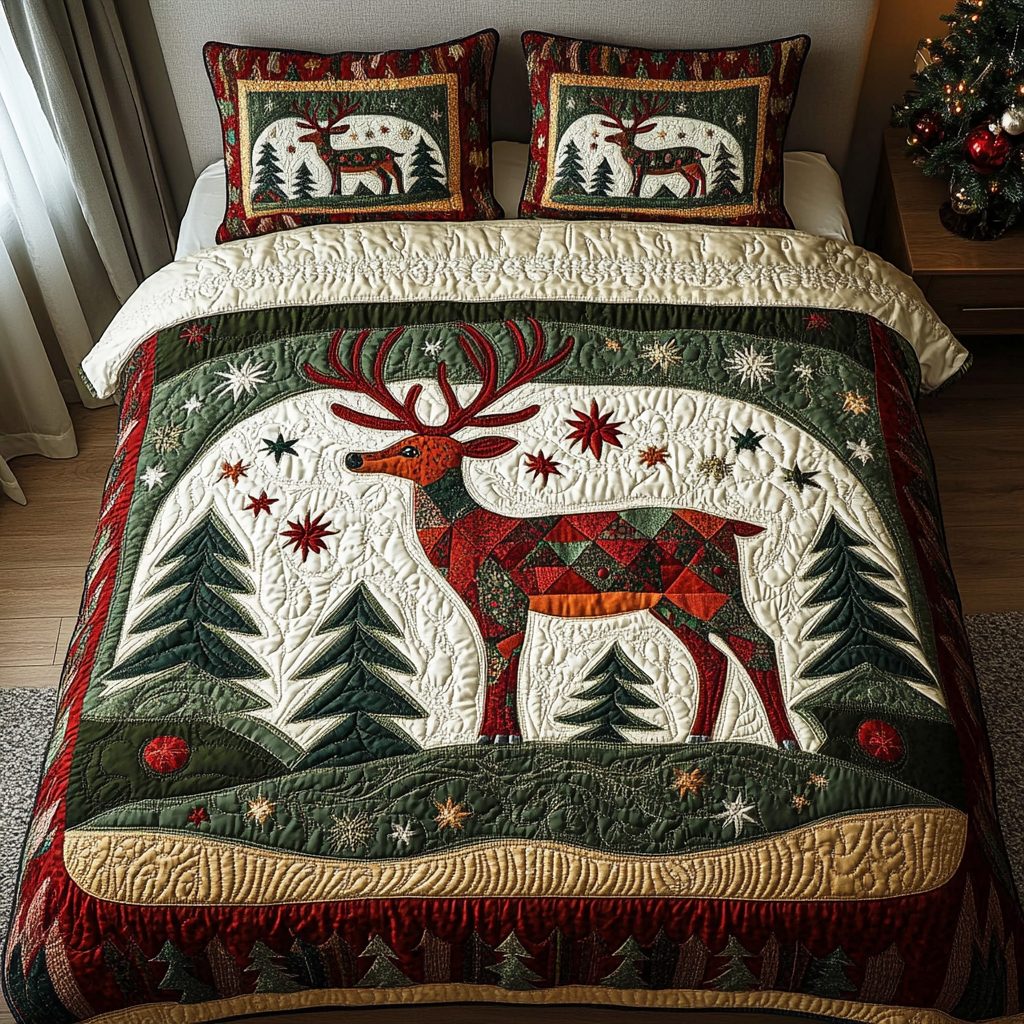 Winter Whimsy quilted 3-piece bedding set on a made bed in a winter-styled bedroom