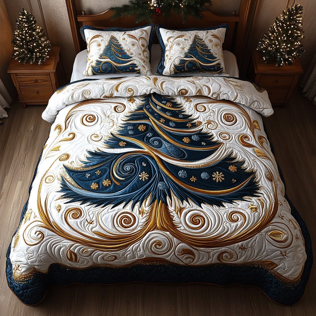 Winter Whirl quilted 3-piece bedding set on a made bed in a winter-styled bedroom