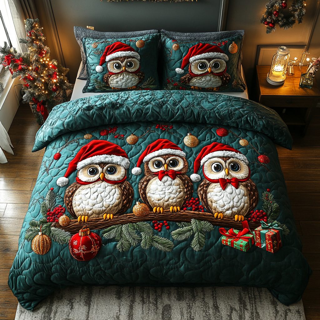 Winter Whisk quilted 3-piece bedding set on a made bed in a winter-styled bedroom