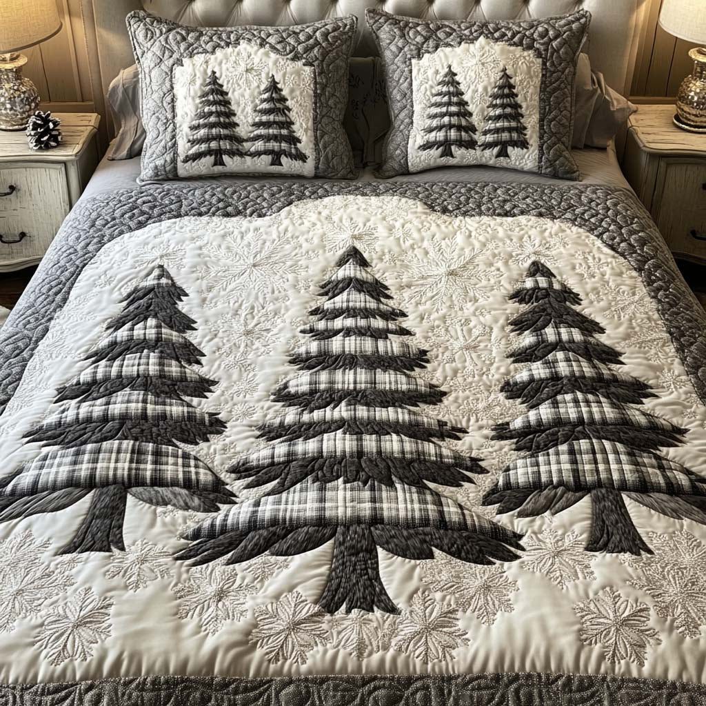 Winter Whisper quilted 3-piece bedding set on a made bed in a winter-styled bedroom