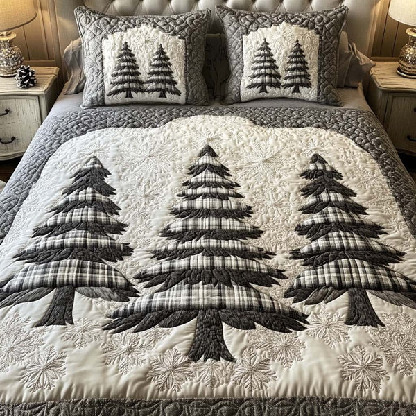 Winter Whisper quilted 3-piece bedding set on a made bed in a winter-styled bedroom