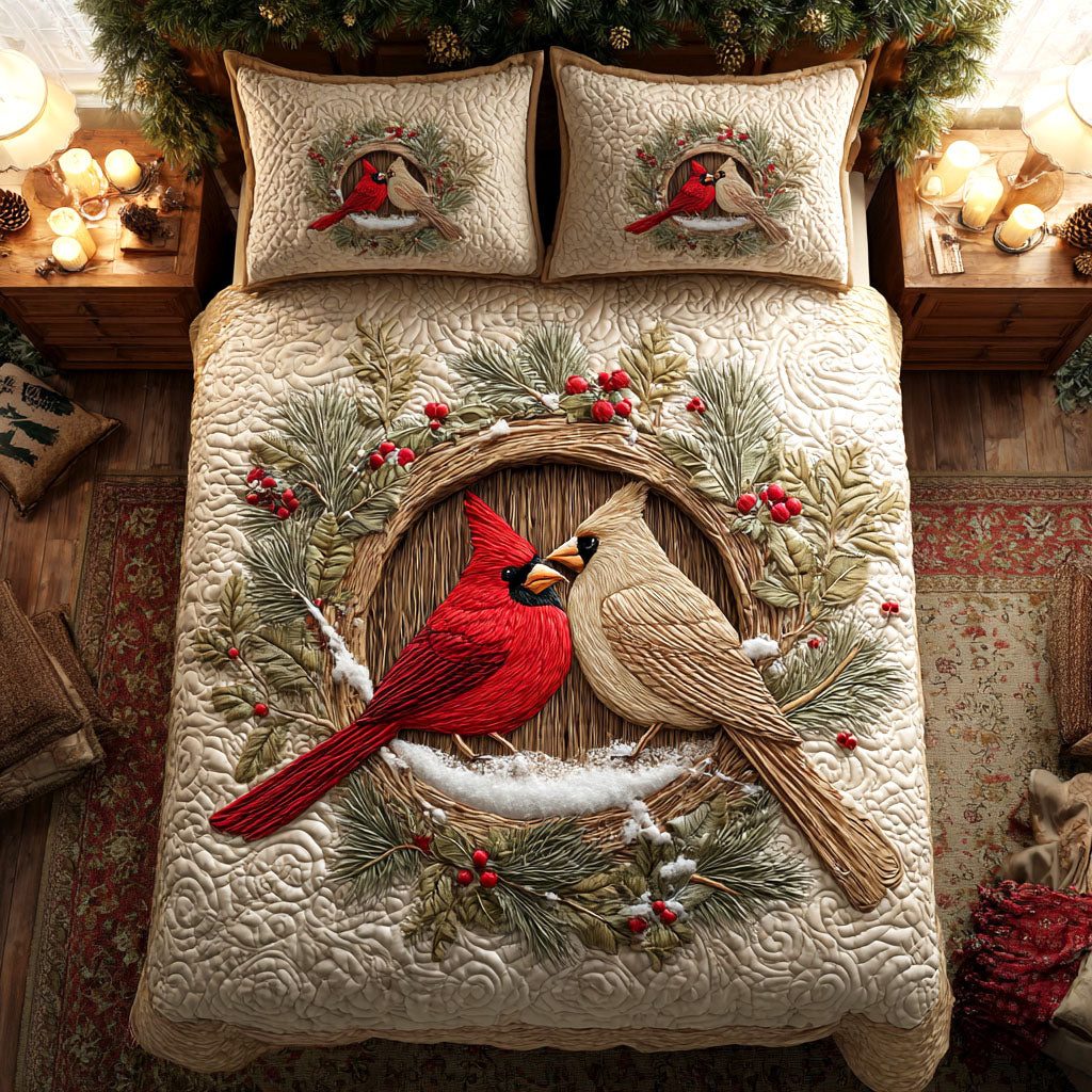 Winter Whisper quilted 3-piece bedding set on a made bed in a winter-styled bedroom