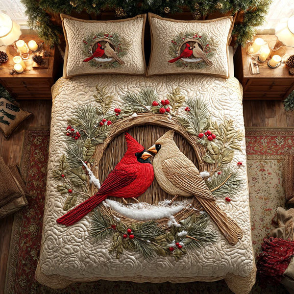 Winter Whisper quilted 3-piece bedding set on a made bed in a winter-styled bedroom
