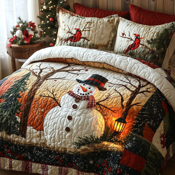 Winter Whispers quilted 3-piece bedding set on a made bed in a winter-styled bedroom