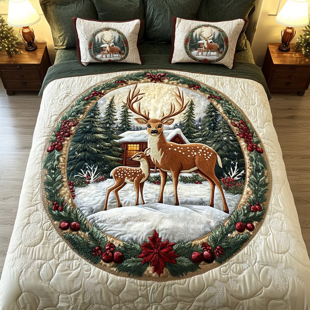 Winter Whispers quilted 3-piece bedding set on a made bed in a winter-styled bedroom