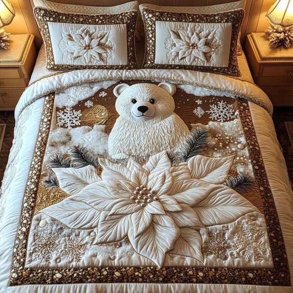 Winter White quilted 3-piece bedding set on a made bed in a winter-styled bedroom