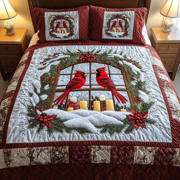 Winter Window quilted 3-piece bedding set on a made bed in a winter-styled bedroom