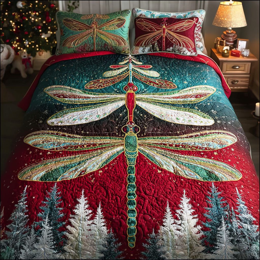 Winter Wing Dance quilted 3-piece bedding set on a made bed in a winter-styled bedroom