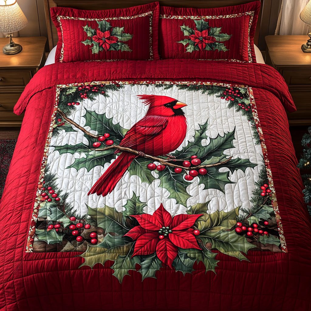 Winter Wings quilted 3-piece bedding set on a made bed in a winter-styled bedroom