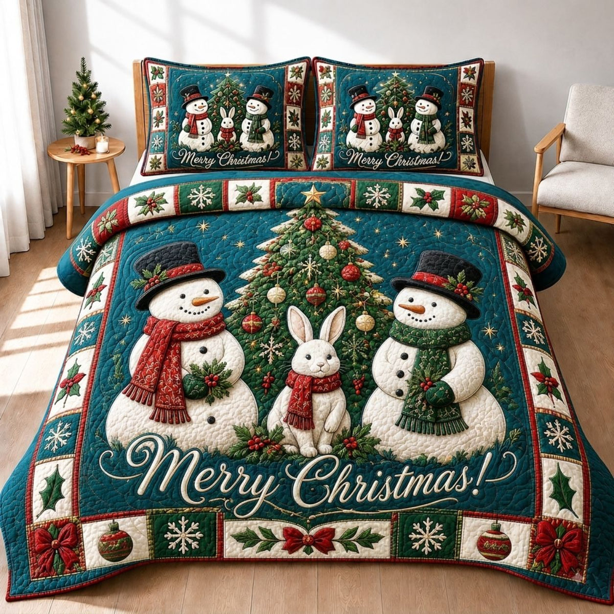 Winter Wonder quilted 3-piece bedding set on a made bed in a winter-styled bedroom