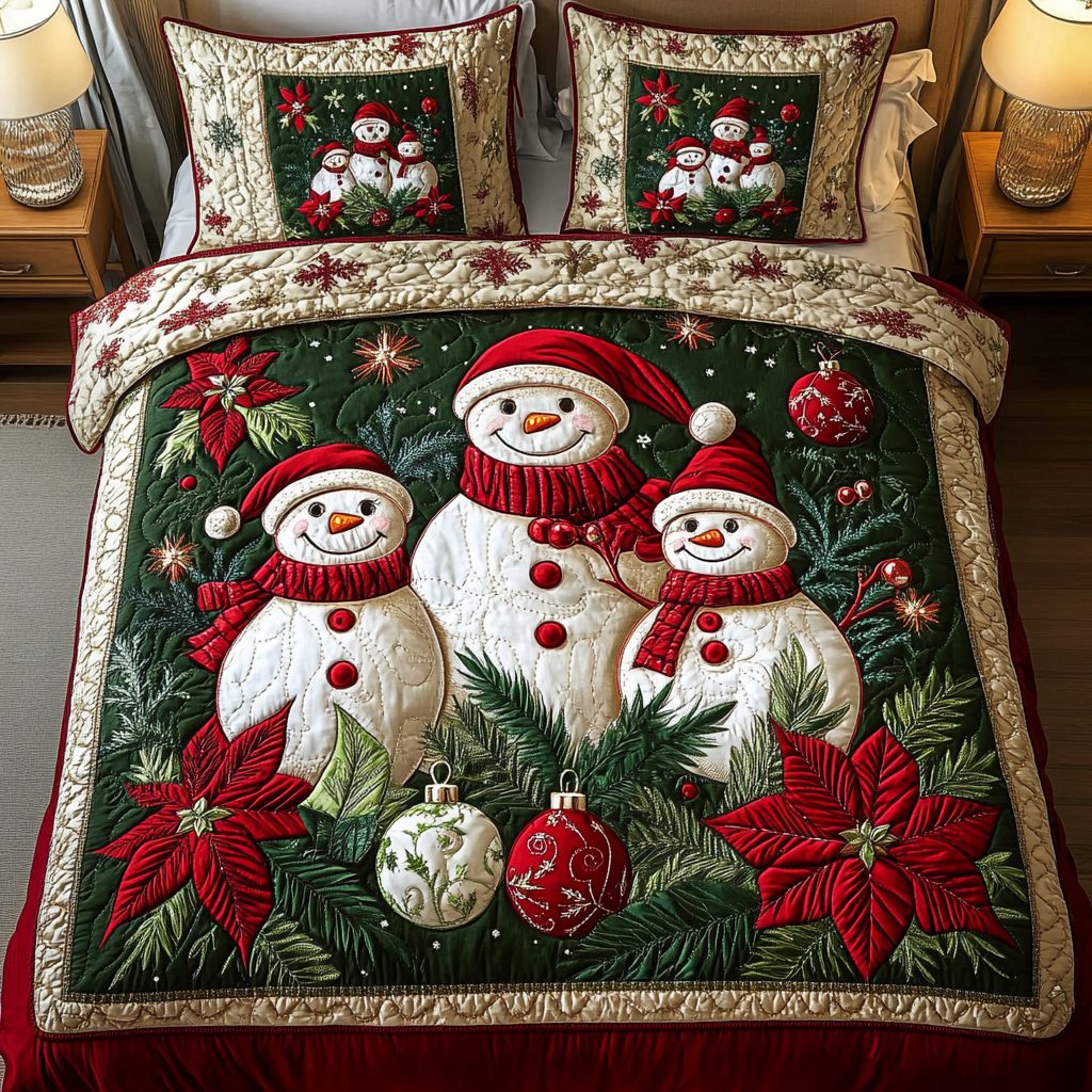Winter Wonder quilted 3-piece bedding set on a made bed in a winter-styled bedroom