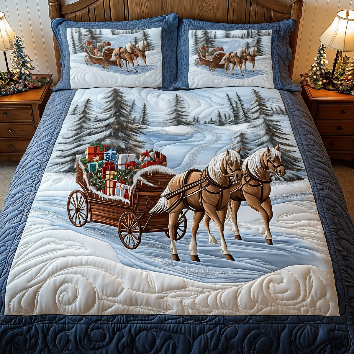 Winter Wonderland Carriage Ride quilted 3-piece bedding set on a made bed in a winter-styled bedroom