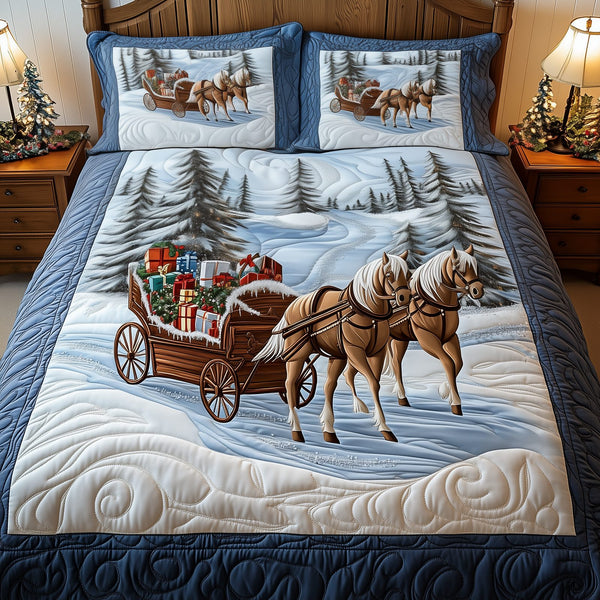 Winter Wonderland Carriage Ride quilted 3-piece bedding set on a made bed in a winter-styled bedroom