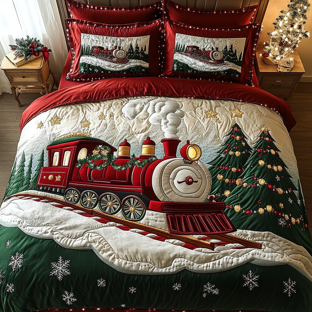 Winter Wonderland Express quilted 3-piece bedding set on a made bed in a winter-styled bedroom