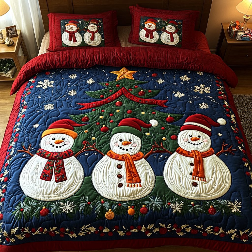 Winter Wonderland Frost quilted 3-piece bedding set on a made bed in a winter-styled bedroom