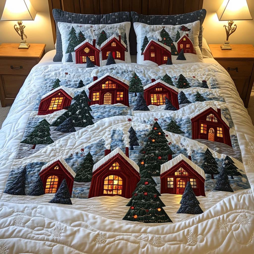 Winter Wonderland Hues quilted 3-piece bedding set on a made bed in a winter-styled bedroom