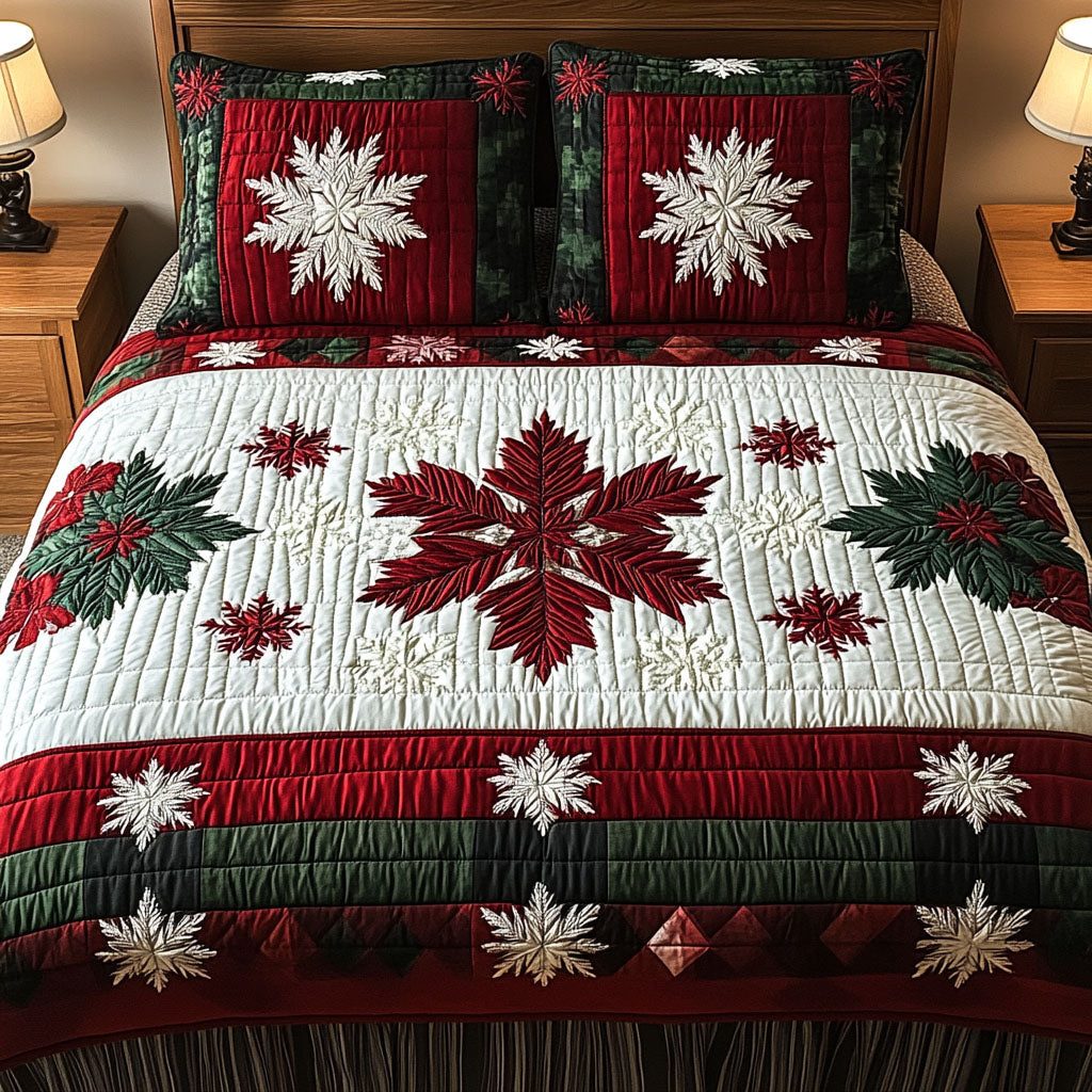 Winter Wonderland Journey quilted 3-piece bedding set on a made bed in a winter-styled bedroom