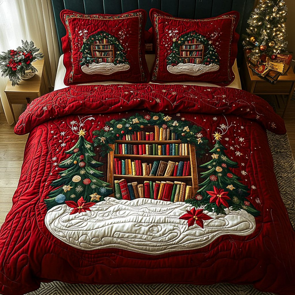Winter Wonderland Library quilted 3-piece bedding set on a made bed in a winter-styled bedroom