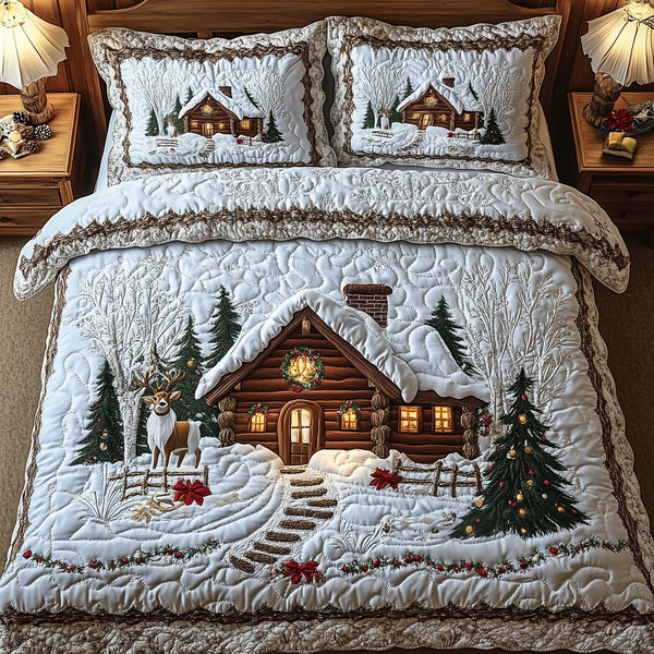 Winter Wonderland quilted 3-piece bedding set on a made bed in a winter-styled bedroom