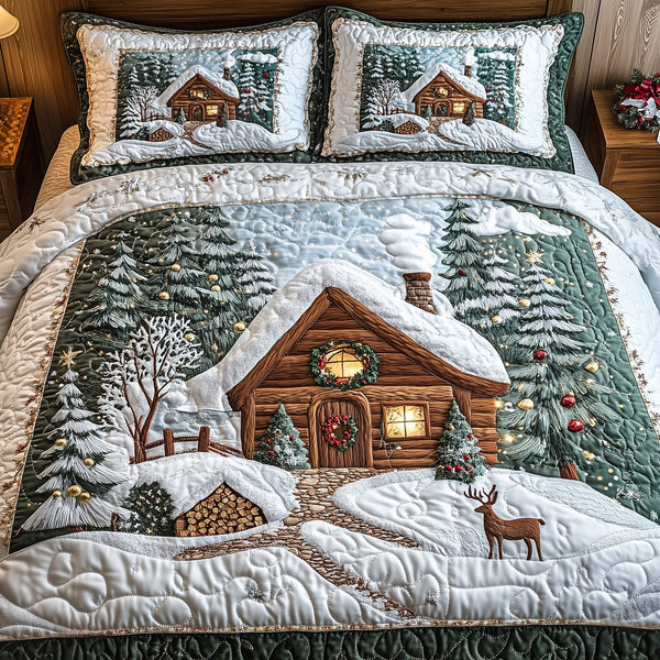 Winter Wonderland quilted 3-piece bedding set on a made bed in a winter-styled bedroom