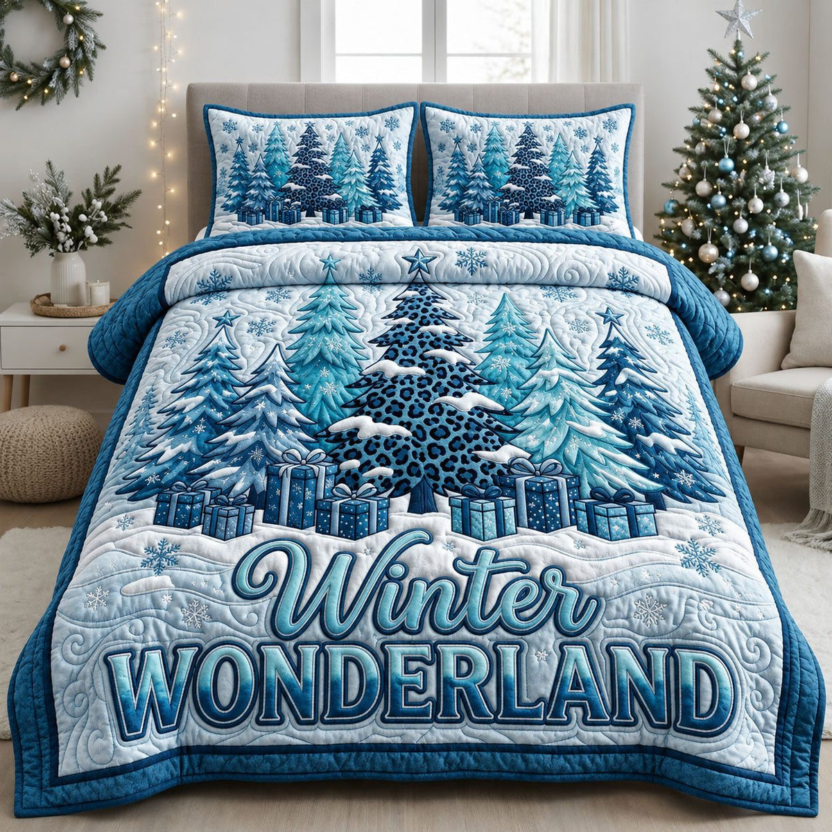 Winter Wonderland quilted 3-piece bedding set on a made bed in a winter-styled bedroom