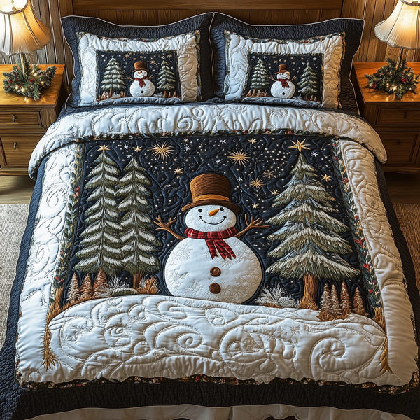 Winter Wonderland quilted 3-piece bedding set on a made bed in a winter-styled bedroom