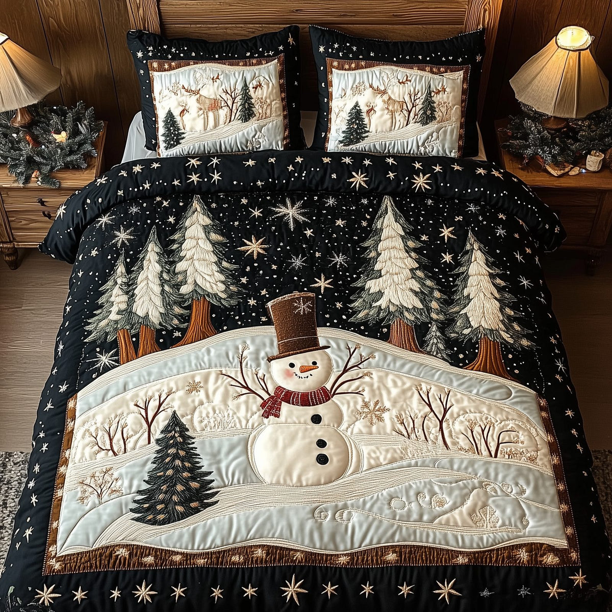 Winter Wonderland quilted 3-piece bedding set on a made bed in a winter-styled bedroom