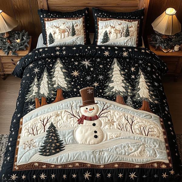 Winter Wonderland quilted 3-piece bedding set on a made bed in a winter-styled bedroom
