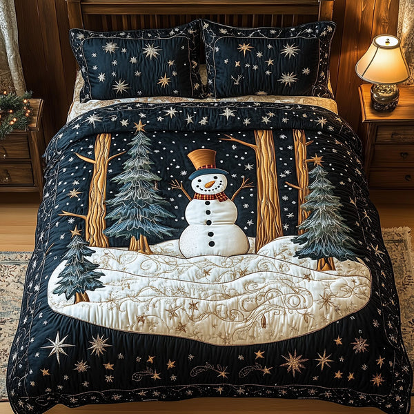 Winter Wonderland quilted 3-piece bedding set on a made bed in a winter-styled bedroom