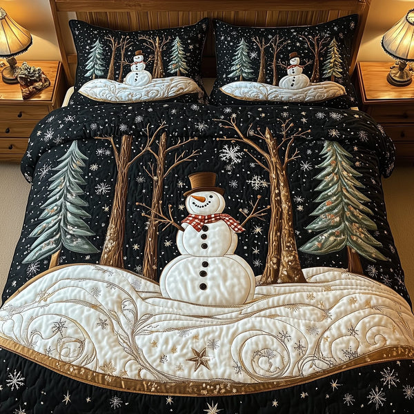 Winter Wonderland quilted 3-piece bedding set on a made bed in a winter-styled bedroom