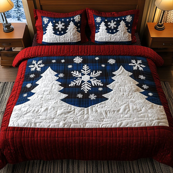 Winter Wonderland quilted 3-piece bedding set on a made bed in a winter-styled bedroom