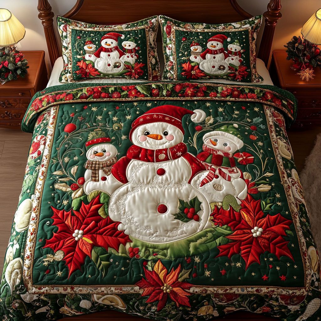 Winter Wonderland quilted 3-piece bedding set on a made bed in a winter-styled bedroom