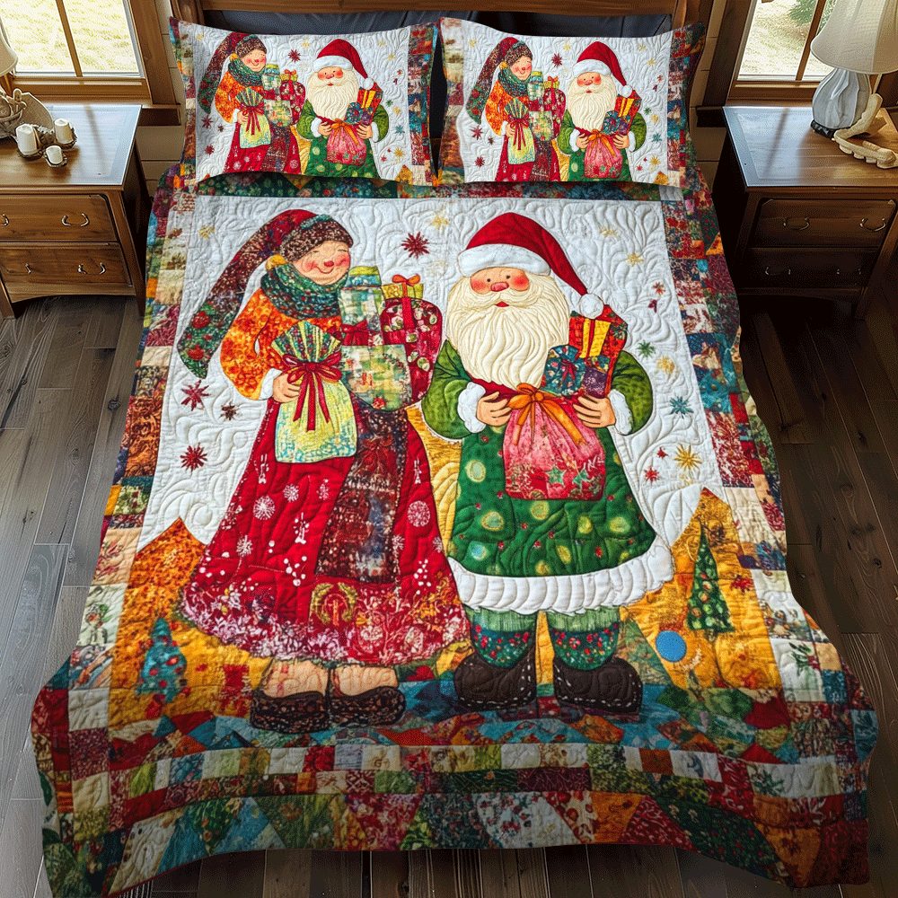 Winter Wonderland quilted 3-piece bedding set on a made bed in a winter-styled bedroom