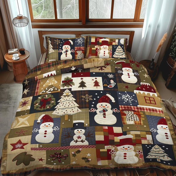 Winter Wonderland quilted 3-piece bedding set on a made bed in a winter-styled bedroom