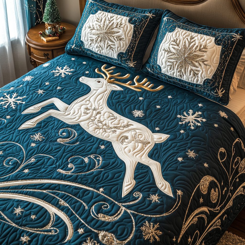 Winter Wonderland quilted 3-piece bedding set on a made bed in a winter-styled bedroom