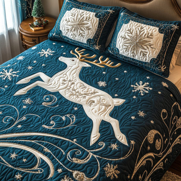 Winter Wonderland quilted 3-piece bedding set on a made bed in a winter-styled bedroom