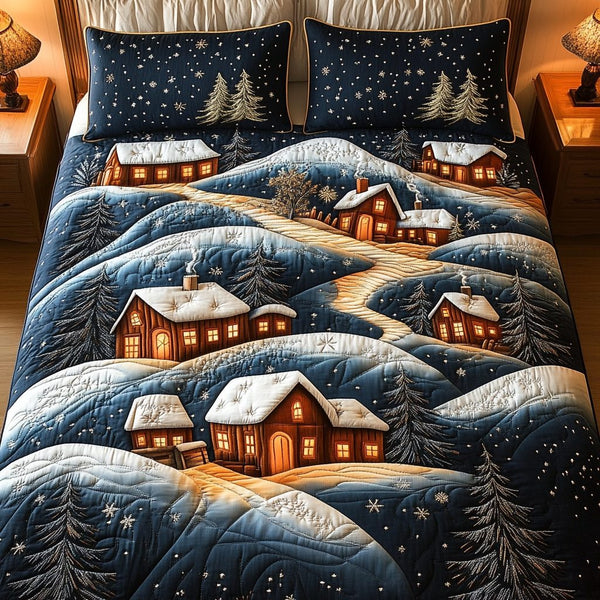Winter Wonderland quilted 3-piece bedding set on a made bed in a winter-styled bedroom