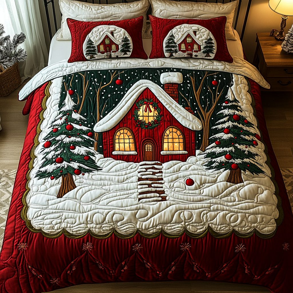 Winter Wonderland Retreat quilted 3-piece bedding set on a made bed in a winter-styled bedroom
