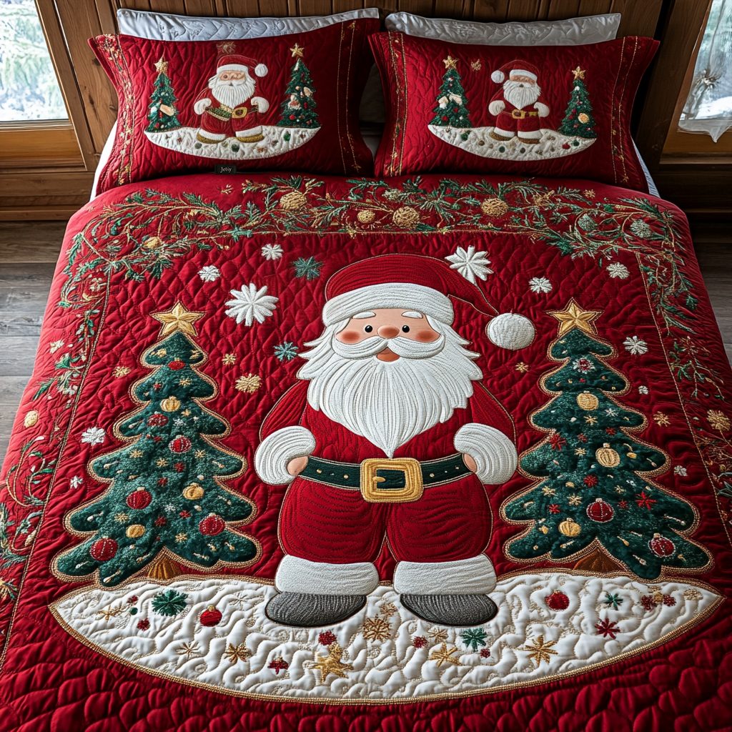 Winter Wonderland Santa quilted 3-piece bedding set on a made bed in a winter-styled bedroom