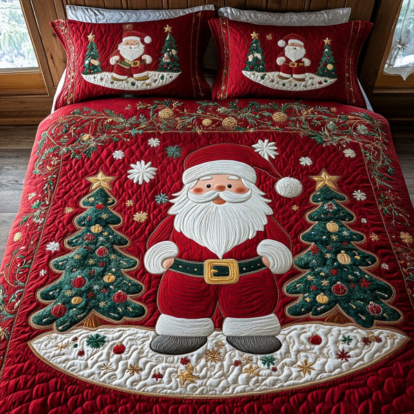 Winter Wonderland Santa quilted 3-piece bedding set on a made bed in a winter-styled bedroom