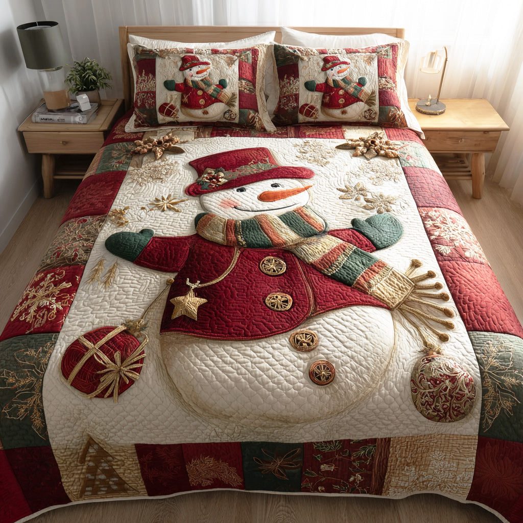 Winter Wonderland Snowman quilted 3-piece bedding set on a made bed in a winter-styled bedroom
